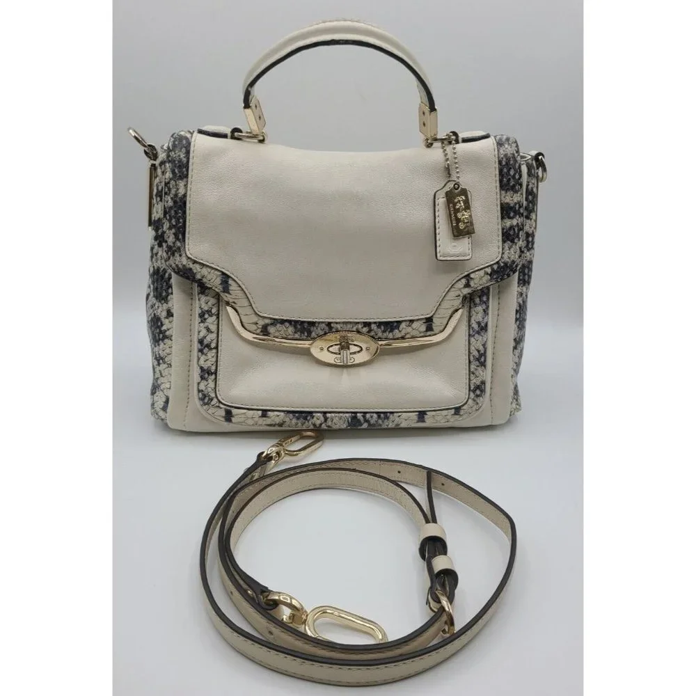 COACH MADISON TWO TONE PYTHON EMBOSSED EXOTIC LEATHER SADIE FLAP SATCHEL 27849